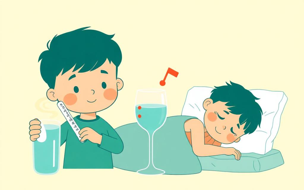 رسم كرتوني لطفل يقيس حرارته وكأس ماء بعلامة خطأ وطفل متعب